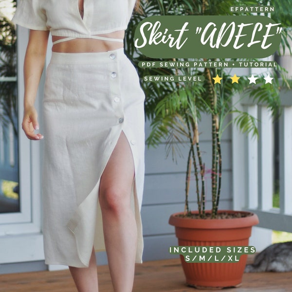 A-line skirt with button front Pdf sewing pattern, sizes S, M, L and XL