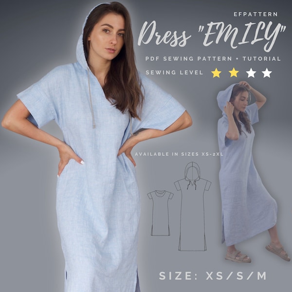 Hooded dress sewing pattern, PDF Digital Pattern Sizes XS, S and M