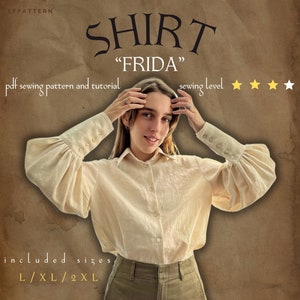 Victorian Shirt Sewing Pattern Instant PDF Download, Sizes L, XL and 2XL, Puffy sleeves shirt digital pattern