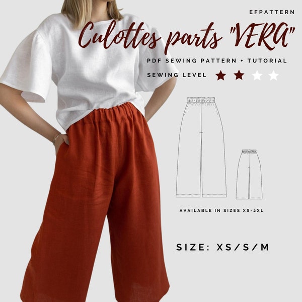 High waist culottes sewing pattern, Sizes XS, S and M, wide leg pants PDF digital Pattern.