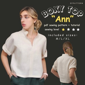 ANN Top with Collar -Boxy Top Sewing Pattern instant PDF download - Sizes M, L and XL, Digital Pattern