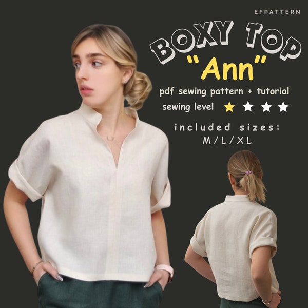 ANN Top with Collar -Boxy Top Sewing Pattern téléchargement PDF instantané - Tailles M, L et XL, Modèle numérique