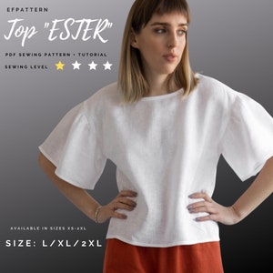 Short flare sleeves top sewing pattern, Sizes L, XL and 2XL, boxy top Ester with bell sleeve,  instant PDF download.