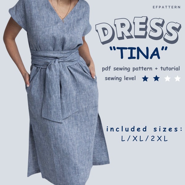 Robe portefeuille Tina avec fentes latérales - Patron de couture Téléchargement instantané PDF - Tailles L, XL et XXL, Patron numérique