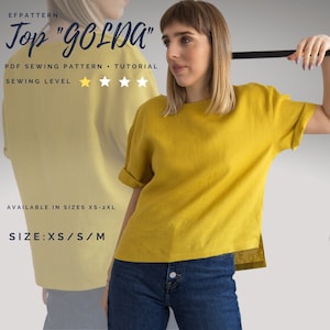 Modello di cucito per top boxy, T-shirt Golda con spacchi laterali, download immediato in PDF, Taglie XS, S e M, Modello digitale