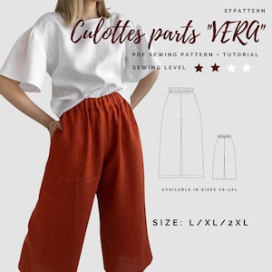 Patrón de costura de culotte de cintura alta, Tallas L, XL y 2XL, pantalón de pierna ancha Patrón digital PDF.
