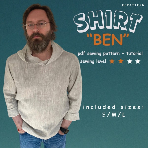 Herren minimalistisches Boho Shirt Schnittmuster, Größen S, M und L, Kapuzenshirt PDF Schnittmuster, digitales Schnittmuster.