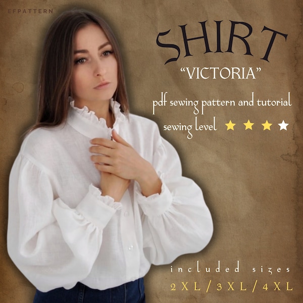 Victorian blouse  Sewing Pattern instant PDF download,  Ruffle collar shirt Victoria, Sizes 2XL, 3XL and 4XL, Digital Pattern.