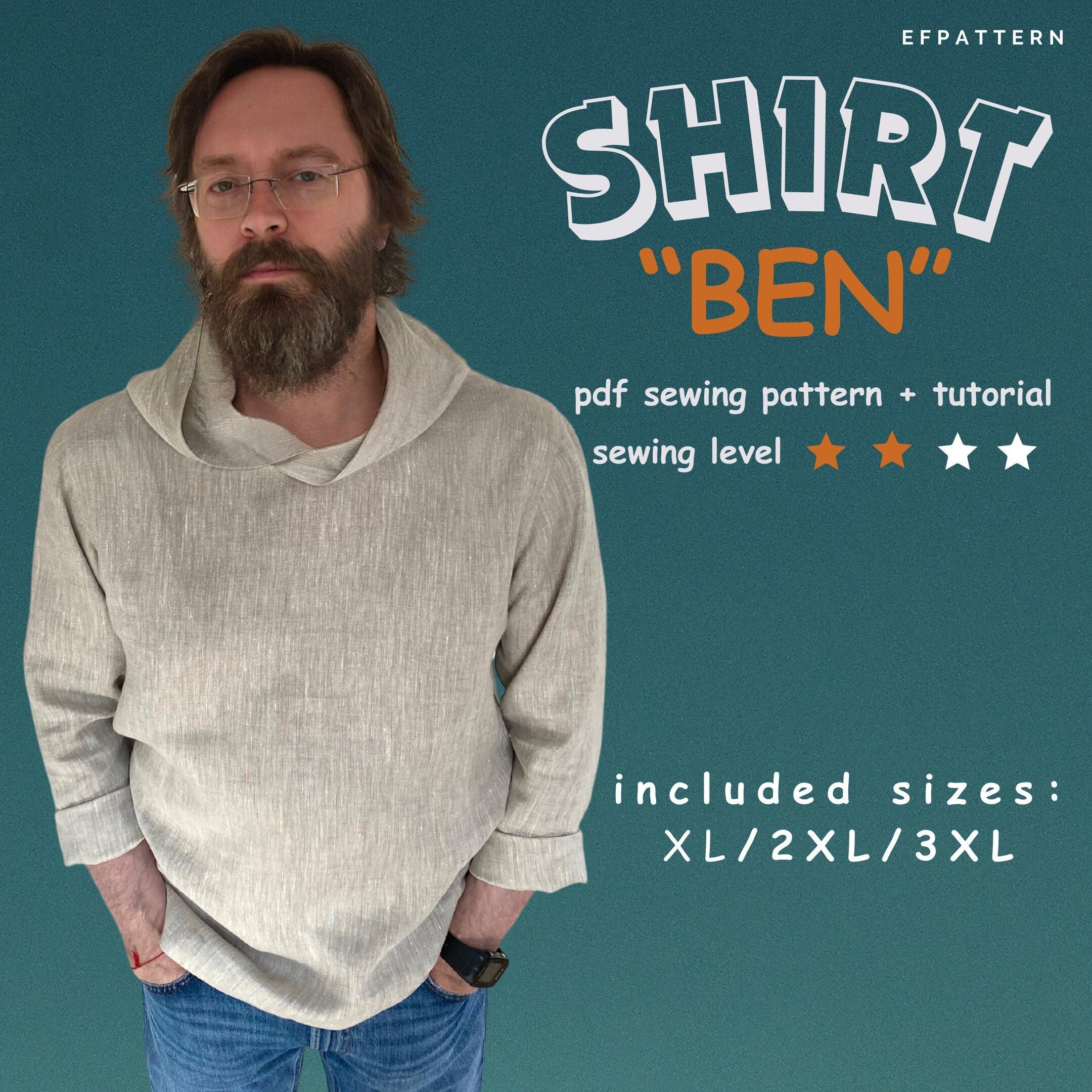 Men's Minimalist Boho Shirt Sewing Pattern, Sizes XL, 2XL