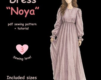 Puff Sleeve Dress PDF Sewing Pattern, Long Sleeve Cottagecore Dress Tutorial, XS–4XL, Romantic Women’s Sewing Pattern Printable