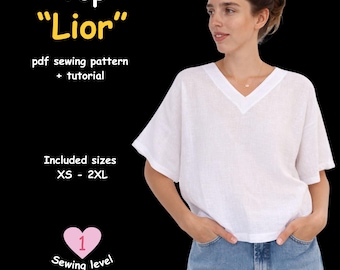 Patrón de costura en PDF para blusa de lino, patrón fácil para blusa con cuello en V, tutorial para camisa de corte holgado, patrón en PDF para blusa de mujer, costura para principiantes