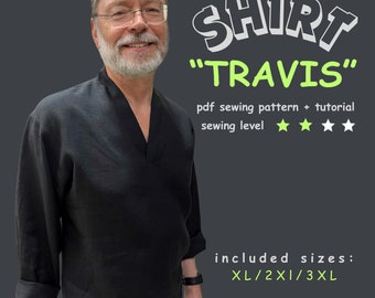 Patrón de costura para camisa boho minimalista para hombre, tallas XL, 2XL y 3XL, camisa con cuello en V superpuesto, descarga instantánea en PDF.