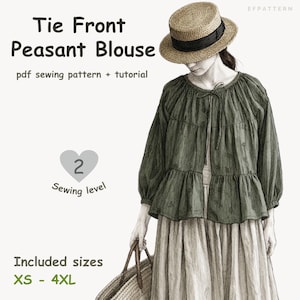 Wrap Tie Blouse PDF Sewing Pattern, Peasant Top Pattern XS-4XL, Cottagecore Blouse, Boho Shirt, Renaissance Top, Milkmaid Blouse Tutorial