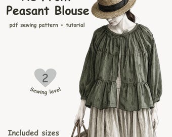 Wrap Tie Blouse PDF Sewing Pattern, Peasant Top Pattern XS-4XL, Cottagecore Blouse, Boho Shirt, Renaissance Top, Milkmaid Blouse Tutorial