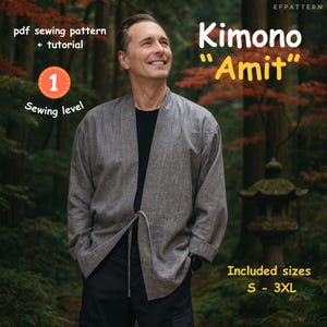 メンズ着物ジャケットの縫製パターン、サイズS - 3XL、タイ留めのミニマリストボヘミアントップ