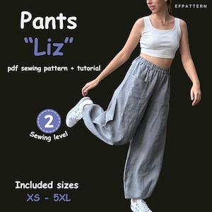 Linen Pants Sewing Pattern PDF XS-5XL, Elastic Waist Wide Leg Trousers Pattern, Baggy Pants Tutorial, Instant Download