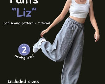 Linen Pants Sewing Pattern PDF XS-5XL, Elastic Waist Wide Leg Trousers Pattern, Baggy Pants Tutorial, Instant Download