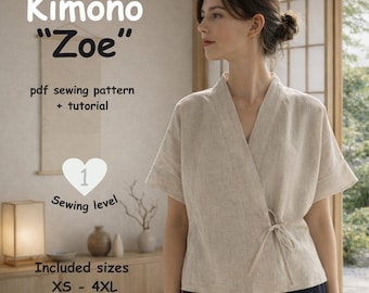 Patrón de costura para top cuadrado, top kimono con cierre de lazo, descarga instantánea en PDF, tallas XS - 4XL.