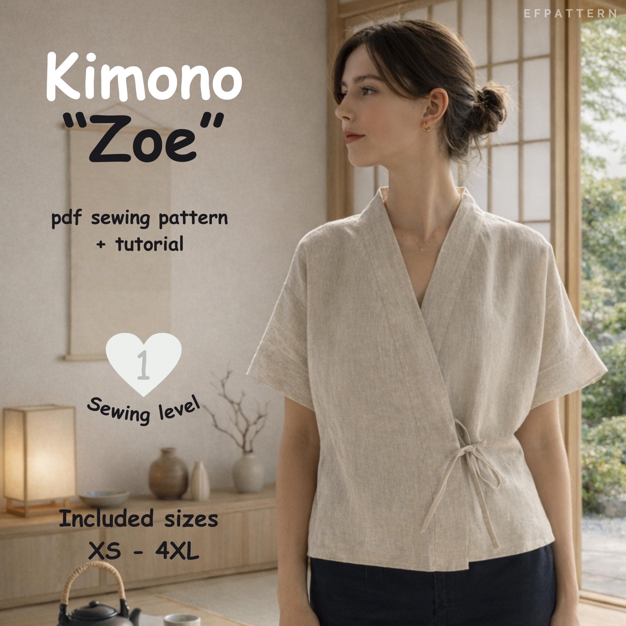 Boxy Top Sewing Pattern, Kimono Top With Tie Closure, Instant PDF