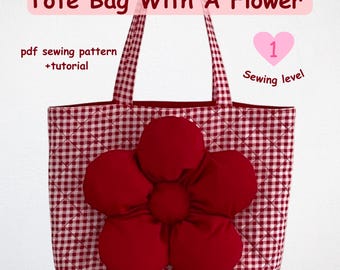 Patrón de costura para bolso de mano con flores en PDF, tutorial con apliques, bolso ideal para principiantes, bolso de hombro acolchado, descarga instantánea