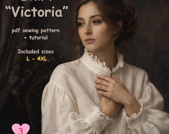 Victorian blouse  Sewing Pattern instant PDF download,  Ruffle collar shirt Victoria, Sizes L - 4XL, Digital Pattern.