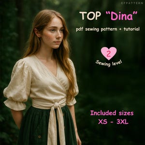 Dina-omslagtop naaipatroon pdf, linnen blousepatroon pofmouw, pdf-shirt omslagshirt voor vrouwen, Cottagecore-naaipatroon, digitale download