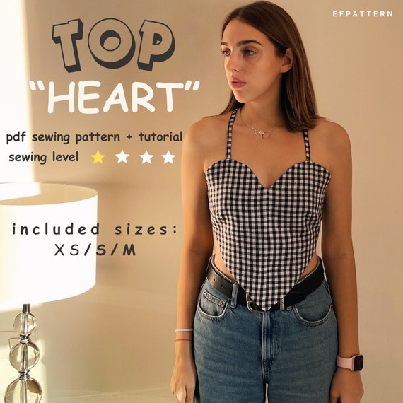 Heart Shaped Top Sewing Pattern, Instant PDF Download, Sizes XS, S and M,  Digital Pattern 