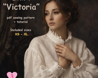 Victorian shirt  Sewing Pattern instant PDF download,  Ruffle collar shirt Victoria, Sizes XS - XL, Digital Pattern.