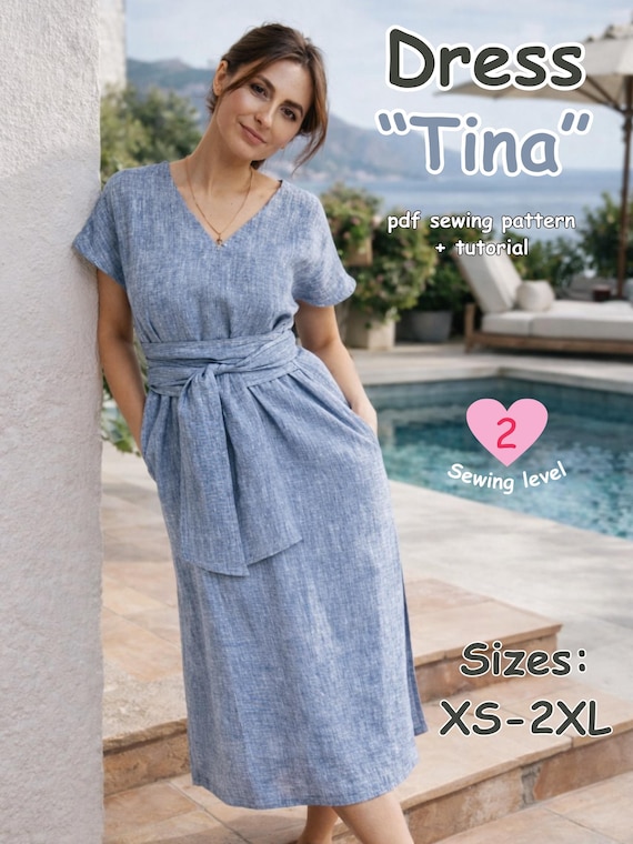 Tina Wrap Dress Sewing Pattern  Midi With Side Slits, Sizes XS-XXL (PDF  Pattern) - Etsy Israel