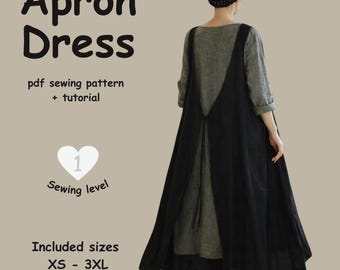 Patrón de costura de vestido delantal (PDF), vestido delantal japonés fácil, patrón de vestido delantal de lino, costura para principiantes (tallas XS-3XL)
