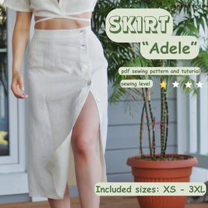 A-line skirt with button front Pdf sewing pattern, sizes XS-3XL