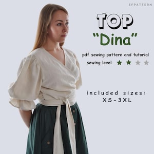 Wrap top with puff sleeves, PDF sewing pattern, Sizes XS-3XL