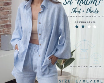 May include: A light blue linen shirt and shorts set sewing pattern, called "Naomi I", with a three-star difficulty rating. The pattern is available in sizes XS-2XL. The image shows a model wearing the finished garment.