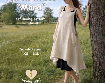 Patrón de costura en PDF para vestido delantal, tutorial para vestido delantal de lino, vestido delantal con laterales abiertos, vestido holgado para mujer, tallas XS-3XL