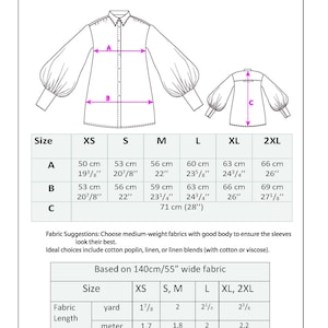 Frida Shirt PDF Sewing Pattern, Women Blouse Pattern XS–2XL, Button Up Shirt with Puff Sleeves, Digital Download image 2