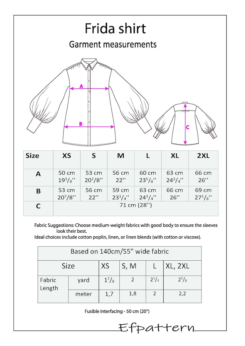 Frida Shirt PDF Sewing Pattern, Women Blouse Pattern XS–2XL, Button Up Shirt with Puff Sleeves, Digital Download image 2