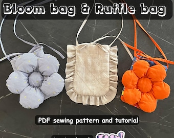 Patrón de costura en PDF para bolso Bloom y bolso con volantes, tutorial de costura fácil para principiantes, bolso con flores, bonito bolso acolchado, patrón de bolso de tela DIY
