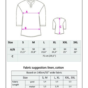 Men's minimalist boho shirt sewing pattern, sizes XL, 2XL and 3XL, instant PDF download, Digital Pattern image 2