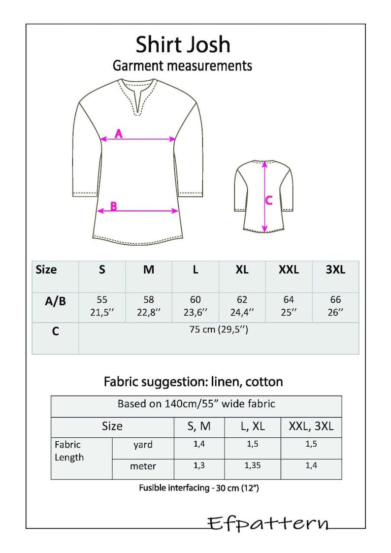 Men's minimalist boho shirt sewing pattern, sizes XL, 2XL and 3XL, instant PDF download, Digital Pattern image 2