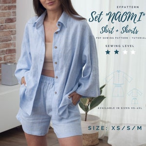 Loungewear set sewing pattern, Naomi shirt and shorts digital PDF pattern XS/S/M