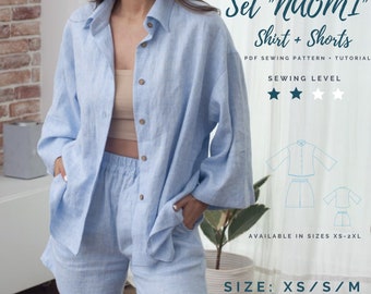 May include: A light blue linen shirt and shorts set sewing pattern, called "Naomi", with a three-star difficulty rating. The pattern is available in sizes XS-2XL. The text "Set "Naomi" Shirt + Shorts" is displayed above the image.