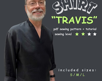 Patrón de costura para camisa boho minimalista para hombre, tallas S, M y L, camisa con cuello en V superpuesto, descarga instantánea en PDF.
