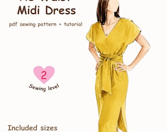 May include: A digital illustration of a mustard yellow midi dress with a V-neck, short sleeves, and a tie waist. Text reads: Tie Waist Midi Dress, pdf sewing pattern + tutorial, 2 Sewing level, Included sizes XS - 2XL, EFPATTERN.