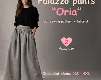 Patrón de costura para pantalones Palazzo (PDF), pantalones de pierna ancha con cintura elástica, tallas XS-4XL