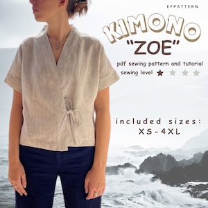 Boxy top sewing pattern, kimono top with tie closure, instant PDF download, Sizes XS - 4XL.