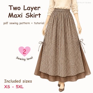 May include: A two-layer maxi skirt sewing pattern featuring a brown and white gingham top layer with side ties and a solid brown bottom layer. The text reads Two Layer Maxi Skirt, pdf sewing pattern + tutorial, 2 Sewing level, and Included sizes XS - 5XL.