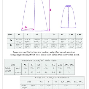 May include: Diagram of palazzo pants garment measurements with sizes XS to 4XL. Includes fabric length in yards and meters for different fabric widths. Recommended fabrics include cotton, linen, and wool blends. The image also includes the text "Palazzo pants Oria".