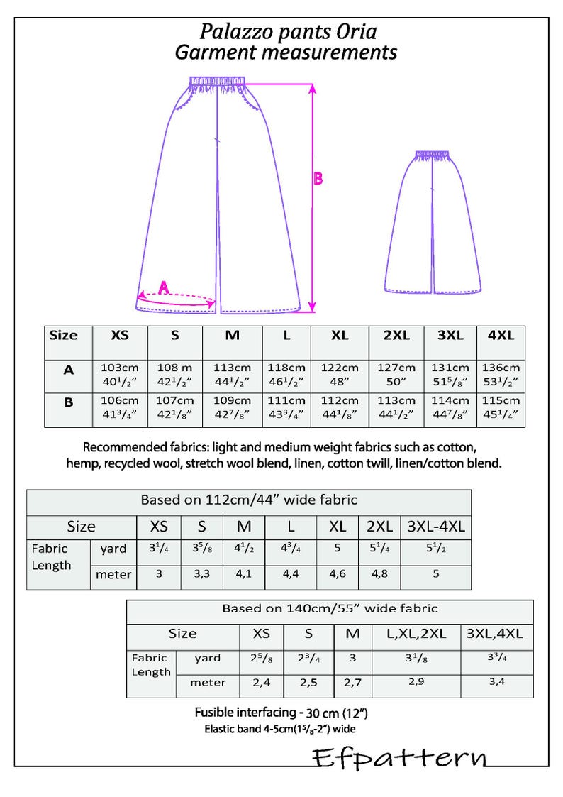 May include: Diagram of palazzo pants garment measurements with sizes XS to 4XL. Includes fabric length in yards and meters for different fabric widths. Recommended fabrics include cotton, linen, and wool blends. The image also includes the text "Palazzo pants Oria".