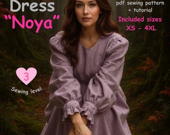 Patrón de costura en PDF para vestido con mangas abullonadas, tutorial para vestido cottagecore de manga larga (tallas XS-4XL), patrón de costura romántico imprimible para mujer.