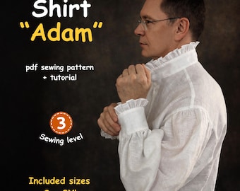 Patrón de costura de camisa para hombre en PDF, Camisa con cuello fruncido, Camisa de lino estilo histórico, Patrón de costura en PDF tallas S-3XL, Descarga digital